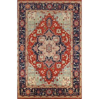 Medallion Heriz Serapi Large Rug Hand-Knotted Orange Wool Carpet - 9'9" x 13'8"