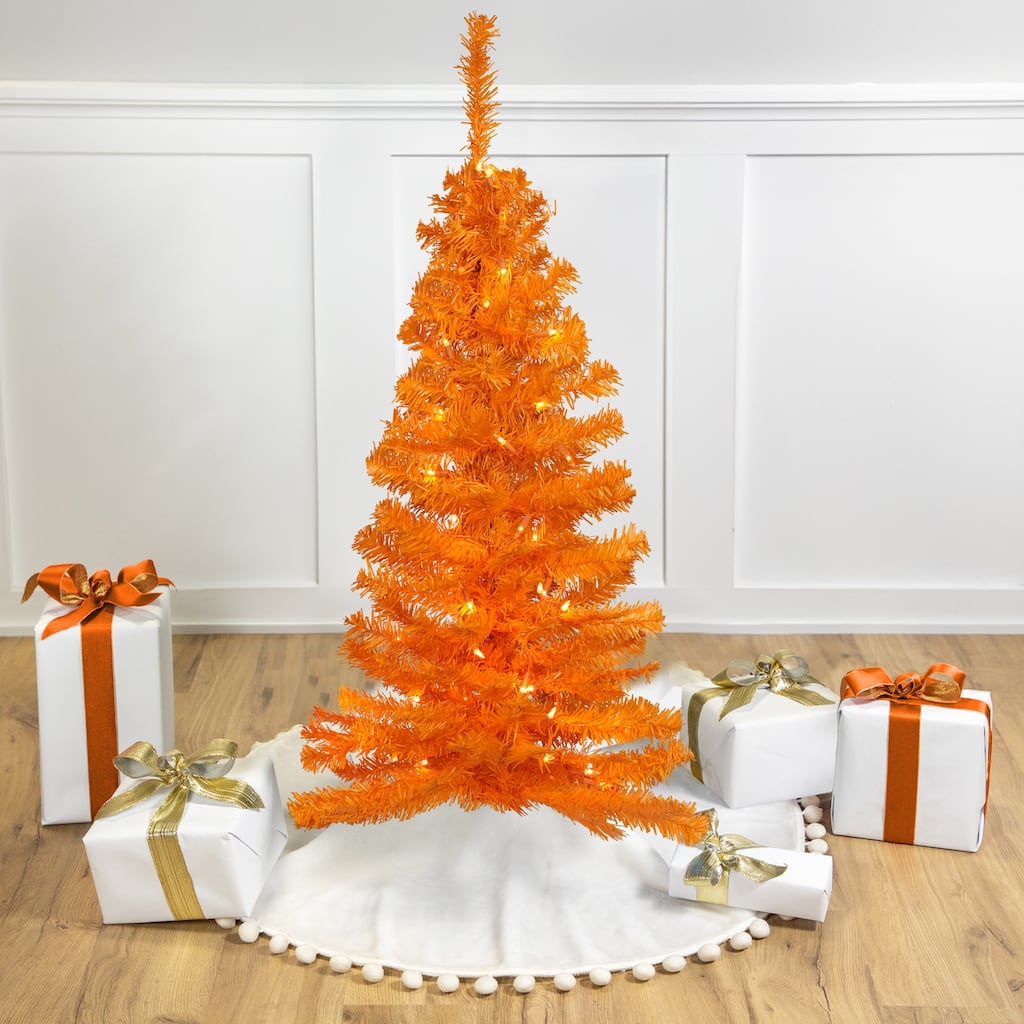Pre-Lit Medium Artificial Pine Christmas Tree - 3' - Orange - Clear Lights - 3 Foot