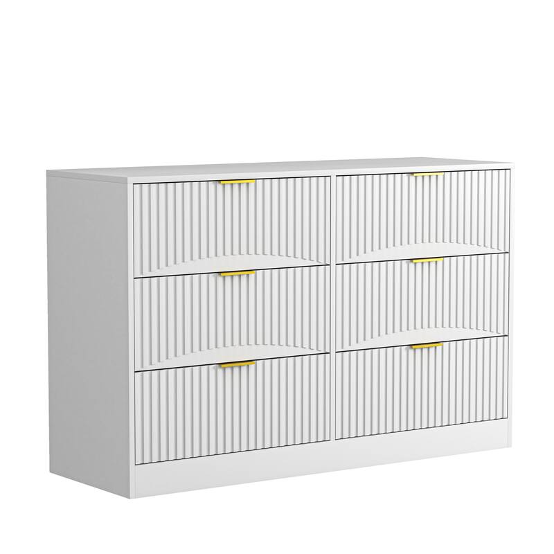 Anmytek White 6 Drawer Dresser Large Storage Cabinet Wavy Pattern Drawer Panel for Bedroom Living Room Hallway Entryway