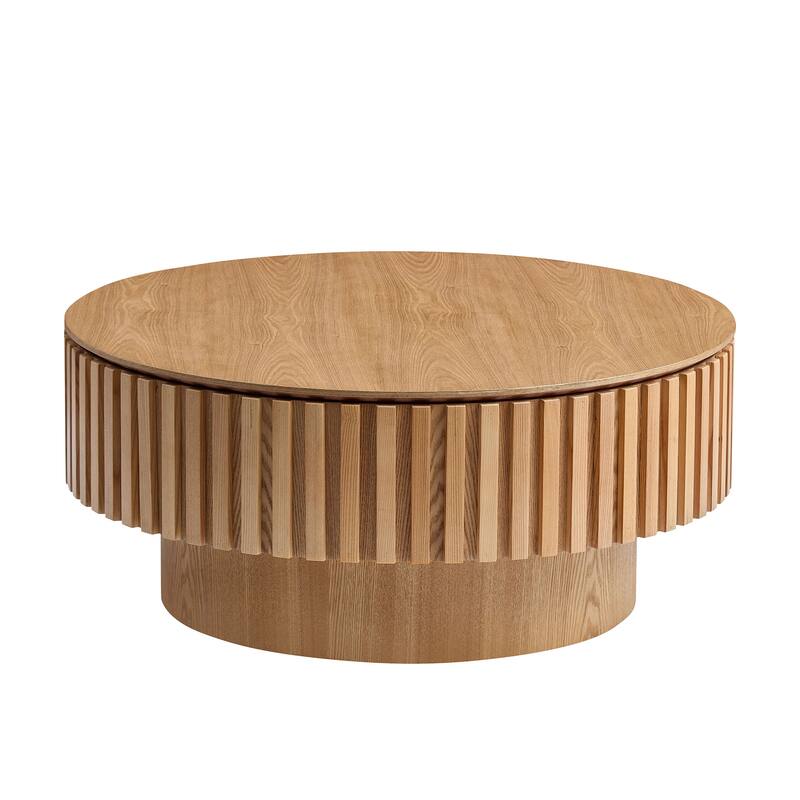 31.5" Round Wood Coffee Table with Storage, Modern Handcraft Drum Coffee Table, Stylish Circle Wooden Center Table