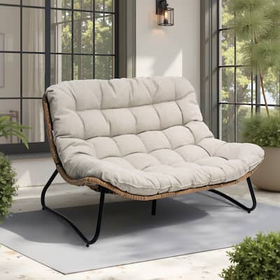 VredHom PE Rattan Double Papasan Chair Loveseat with Cushion for Indoor Outdoor
