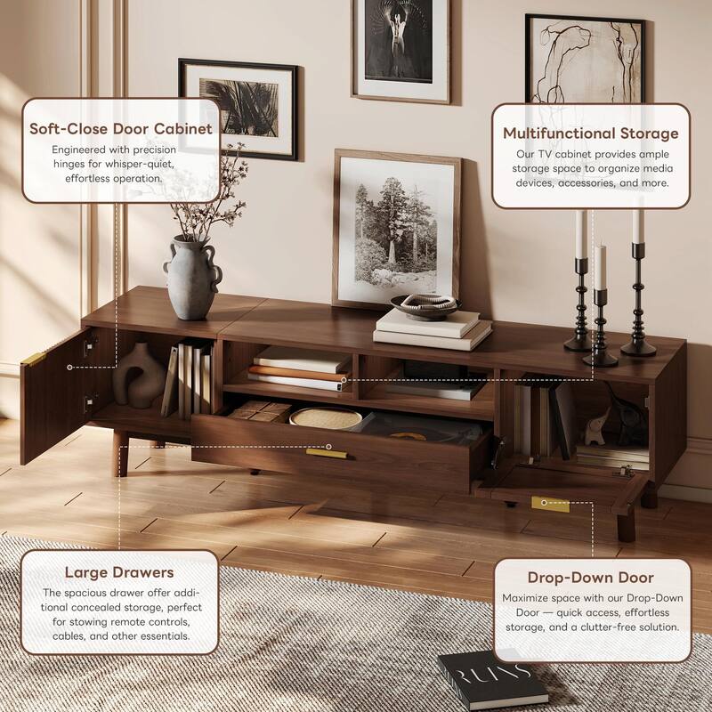 75" Wood TV Stand with Soft-Close Doors & Rattan Drawers
