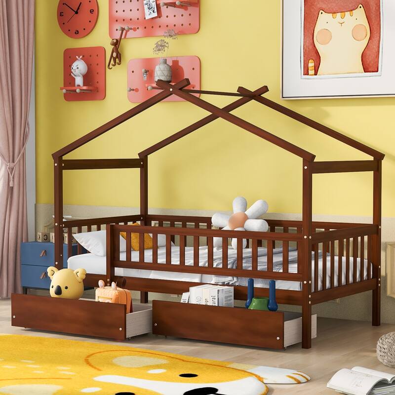 Twin Size Wooden House bed with Two Drawers, Walnut