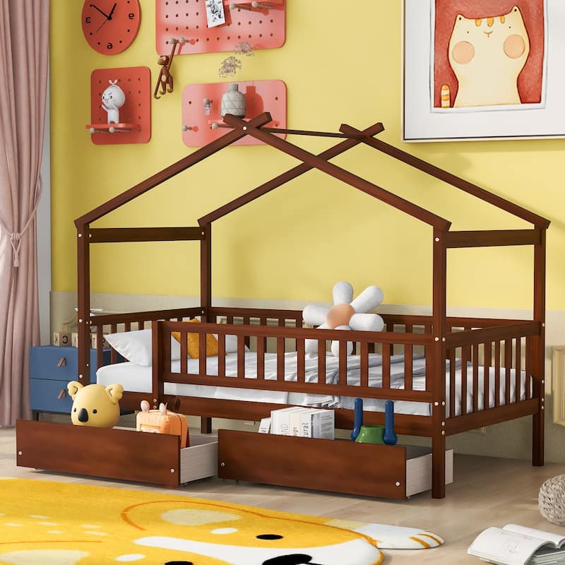 Wooden House Bed for Kids with Two Storage Drawers, Sturdy Twin Size Design - Walnut