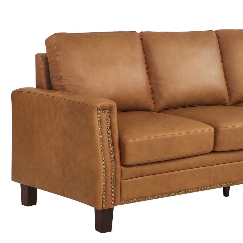 Mid-Century Modern 3-Seater Sofa 84" in Upholstered Genuine Leather with Solid Wood Frame for Living Room