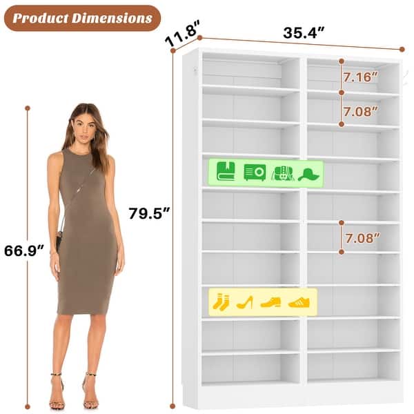 dimension image slide 7 of 10, Freestanding 10-Tier Shoe Storage Cabinet,Narrow Wood Shoe Rack Shoe Organizer,Sturdy Closet Organizer Open Display Cabinet