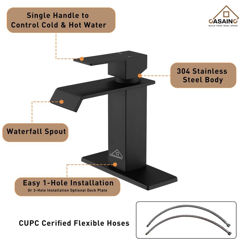 Single Handle Single Hole Bathroom Faucet with Deckplate and Pop-Up Drain Included in Matte Black，CEC and cUPC Certified