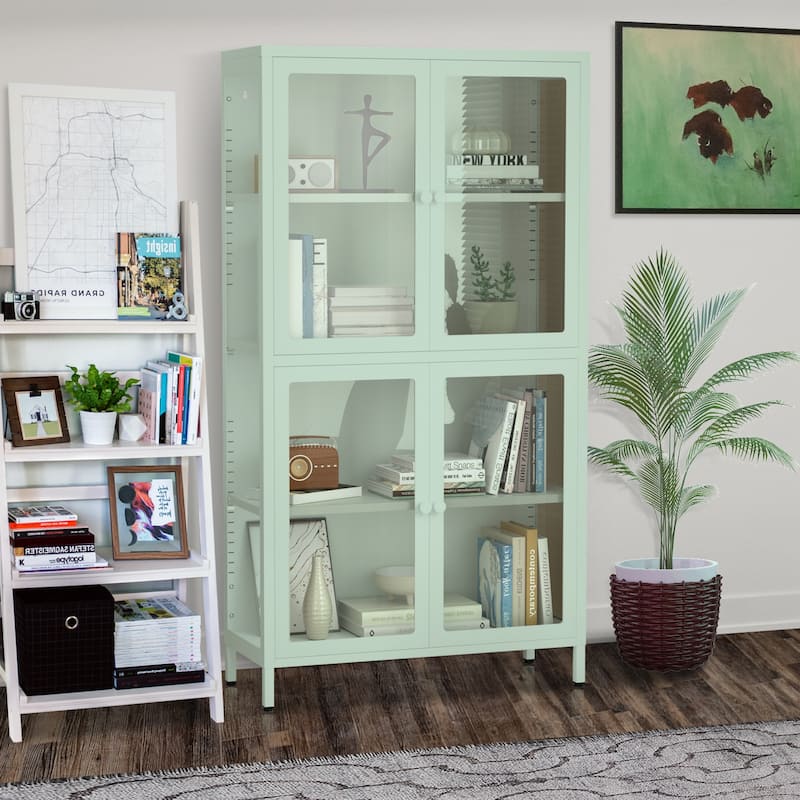 Glass Door Cabinet with Adjustable Shelves for Kitchen Living Room