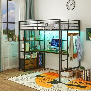 HOMCOM Metal Loft Bed Twin Size with L-Shaped Desk, LED Lights, Charging Station, Twin Loft Bed Frame with Shelves