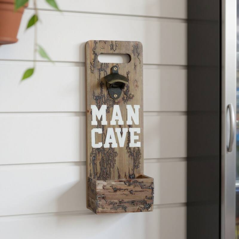 HomeRoots 18" Brown Rustic Solid Wood Man Cave Bottle Cap Catcher Wall Decor - Brown - 9.00 in. x 18.00 in.  x 6.75 in.