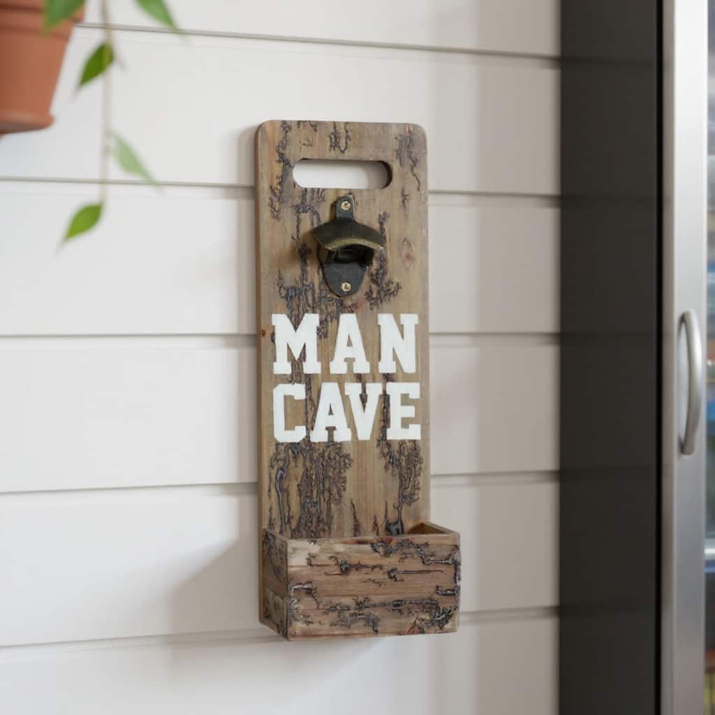 HomeRoots 18" Brown Rustic Solid Wood Man Cave Bottle Cap Catcher Wall Decor