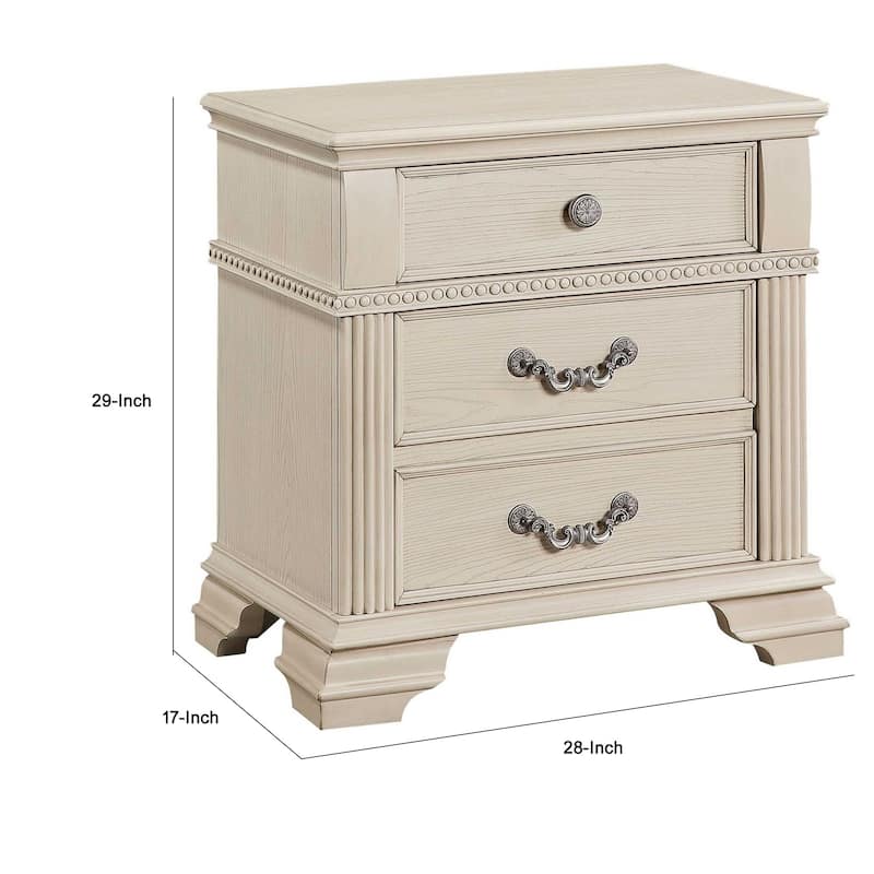 Akia 28 Inch Traditional 3 Drawer Nightstand, Metal Knobs, Crisp White