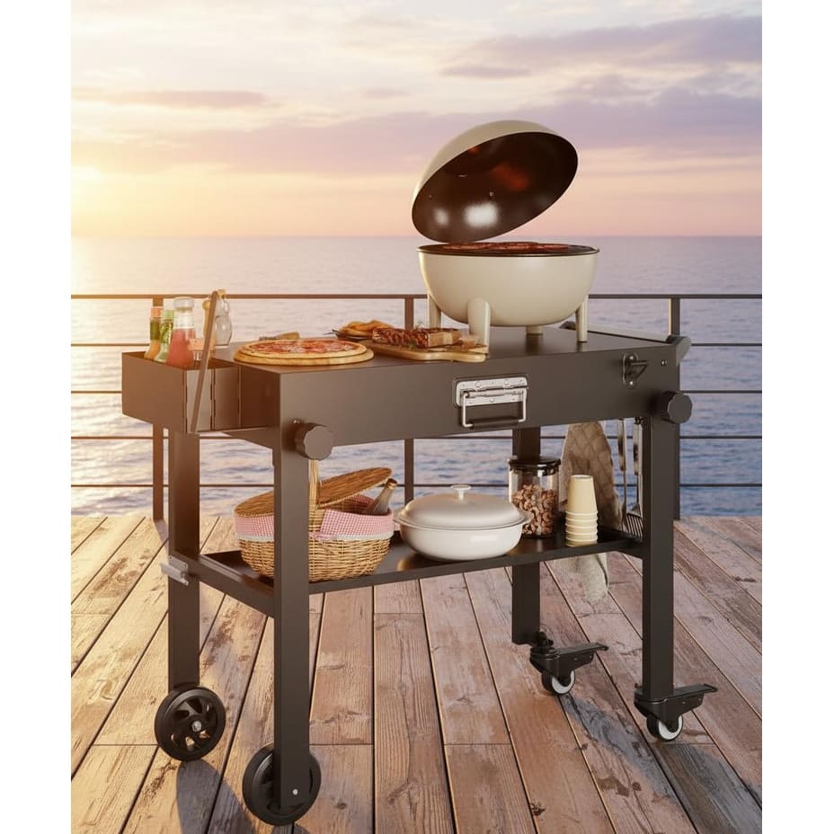 Movable Pizza Oven Dining Cart, with Locking Wheels & Double Shelf