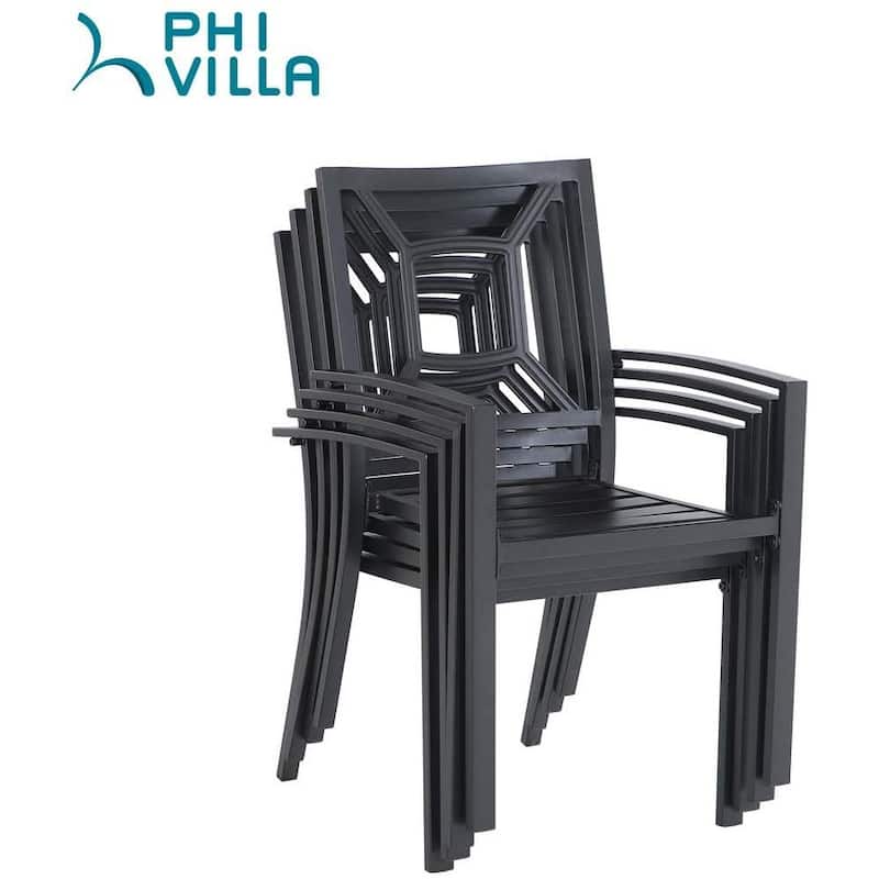 MAISON ARTS Black Steel Slat Seat Outdoor Dining Armchairs (Set of 4)