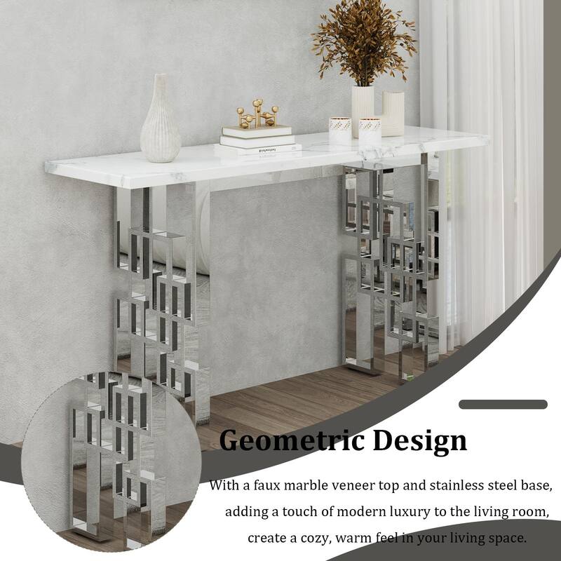 Modern Console Table 55 inch Sofa Table with High Gloss Top and Mirrored Metal Base for Entryway Living Room