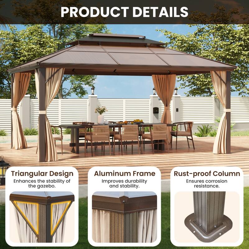 Hardtop Gazebo for Backyard – Permanent Pergola with Netting, Curtains & Double Roof, All-Weather Outdoor Shelter