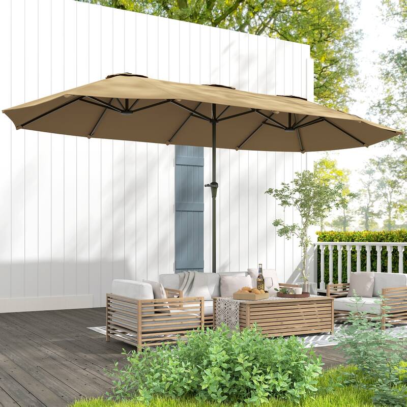 Double-Sided Large Patio Umbrella with Crank Handle Outdoor Canopy for Backyard Garden or Patio - Khaki-Without-LED