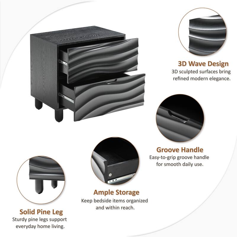 COZAYH Contemporary Wooden Nightstand Featuring 3D Wave Fronts, Modern Storage Dresser with Groove Handles