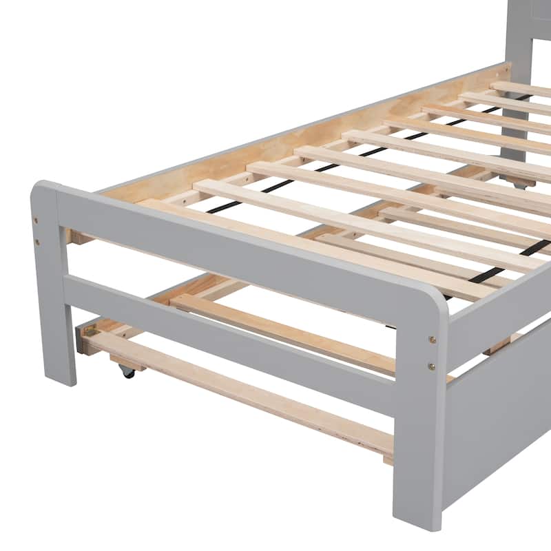 Grey Wood Twin Size Platform Bed Frame with Trundle, Rubberwood & Plywood Construction, Modern Design, Space-saving