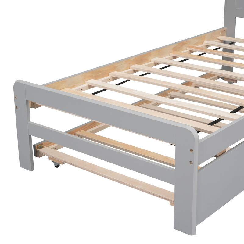 Twin Size Platform Bed with Trundle Bed, Rubber Wood Twin Bed Frame with Headboard