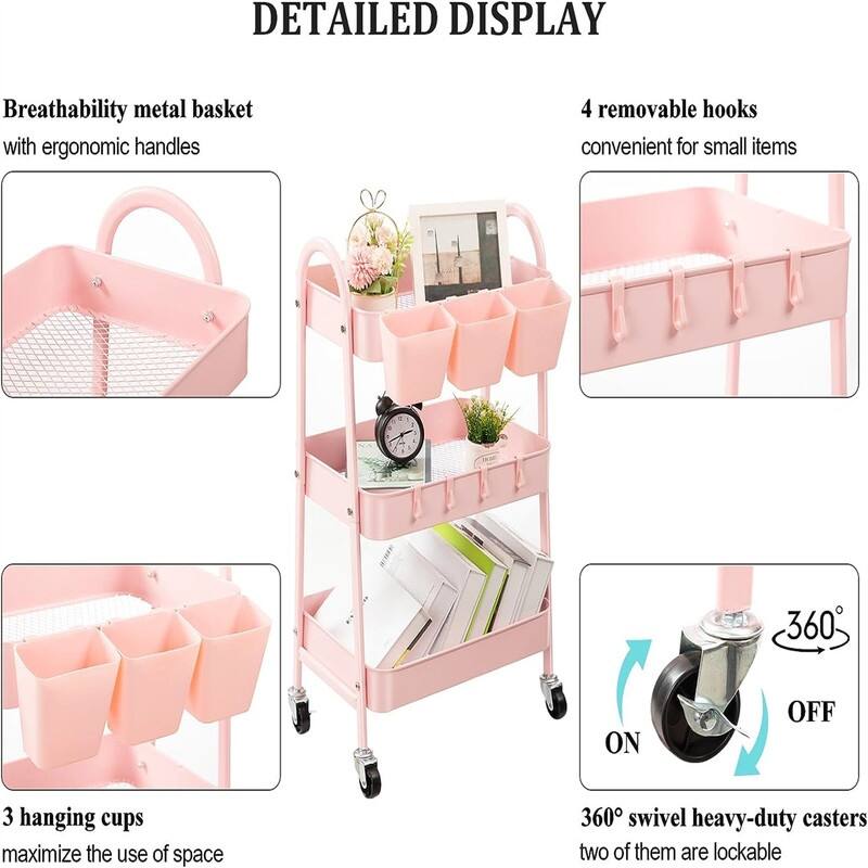 3-Tier Rolling Cart - 12.3"D x 16.1"W x 31.1"H