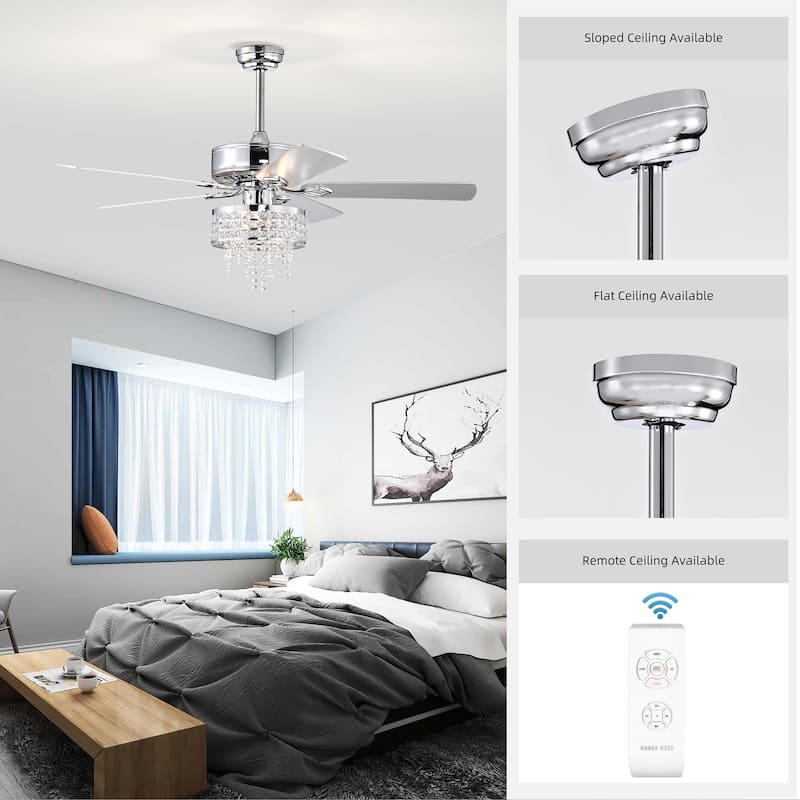 52” Modern Crystal Ceiling Fans with Lights Remote Control, Ceiling Fan with 5 Blade for Living Room, AC Motor, Chrome