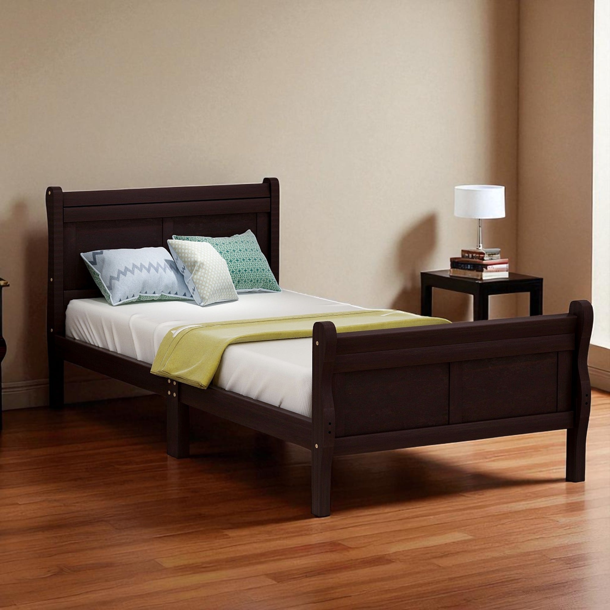 Twin Size Wood Platform Bed Frame with Hollow Headboard and Footboard, No Box Spring Needed