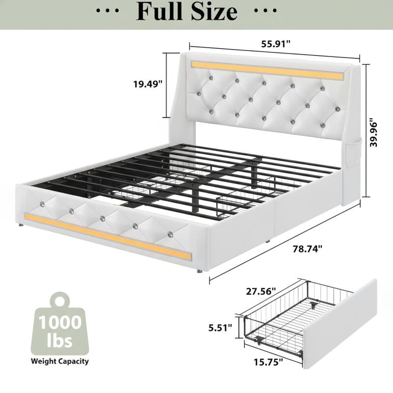 Full Bed Frame with LED Lights, Upholstered Bed Frame with Charging Station, Platform Bed with Diamond Headboard, Wooden Slats