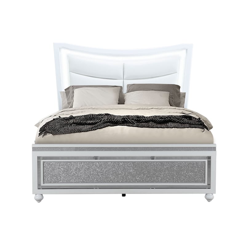 HomeRoots White and Silver Faux Crystal Bling Wood And Upholstery Lighted King Bed Frame
