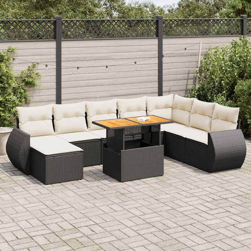 vidaXL Patio Sofa Set with Cushions Footstool and Table 9 Piece Poly Rattan - 21.7 x 39.4 x 28.7 - Black and cream with storage