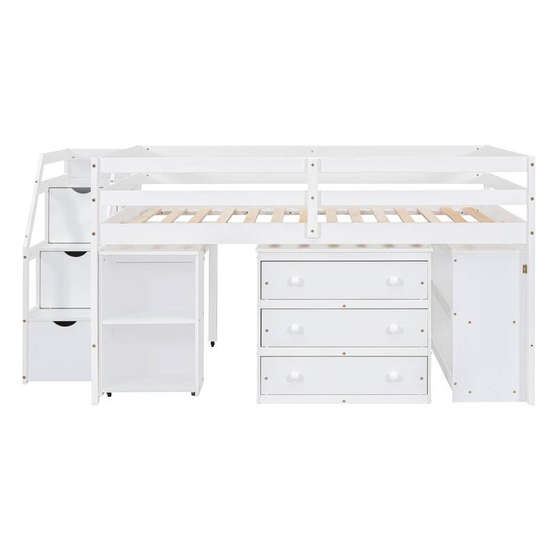 Twin/Full Size Loft Bed with Retractable Writing Desk and 3 Drawers, Wooden Loft Bed Frame w/ Storage Stairs & Shelves for Kids