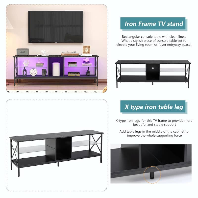 Modern Iron TV Stand with LED Lights, Remote Control, and Toughened Glass Shelves
