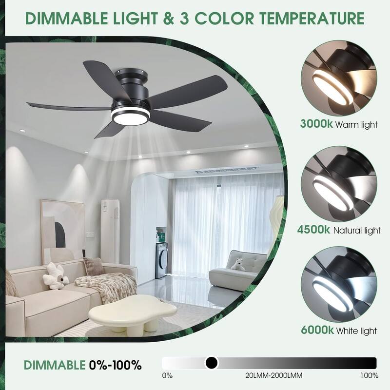41 Inches Ceiling Fan with Light,5 ABS Blades,Flush Mount Low Profile Ceiling Fan with LED Light and Remote - 41 Inches