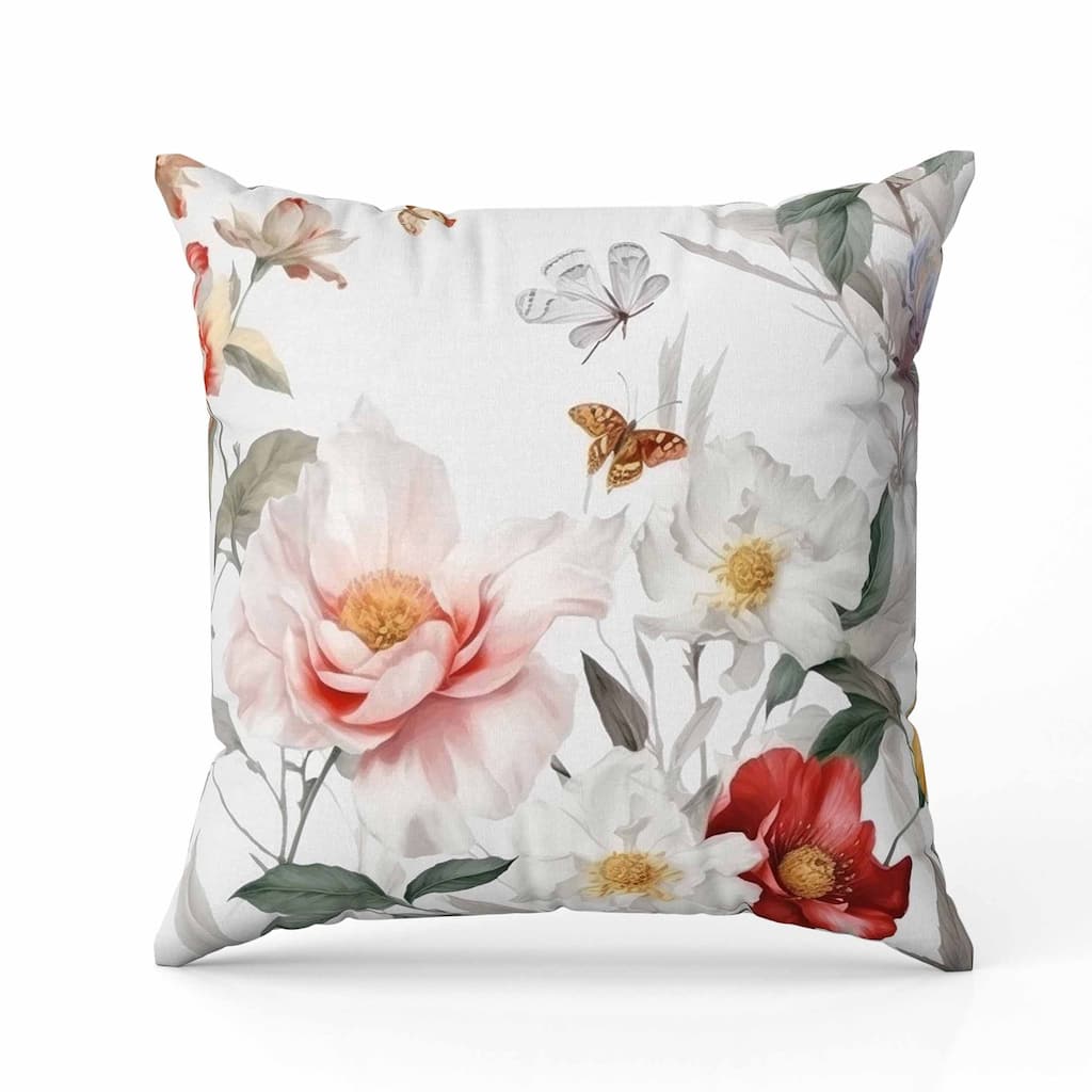 Leafy Lepidoptera Medley Faux Suede Reversible Throw Pillow White and Red