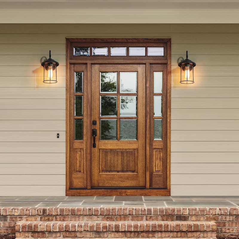Modern Farmhouse Outdoor Lighting Wall Sconce Black Wall Lantern Glass Shade - Textured Black - L 8" x W 7" x H 12"
