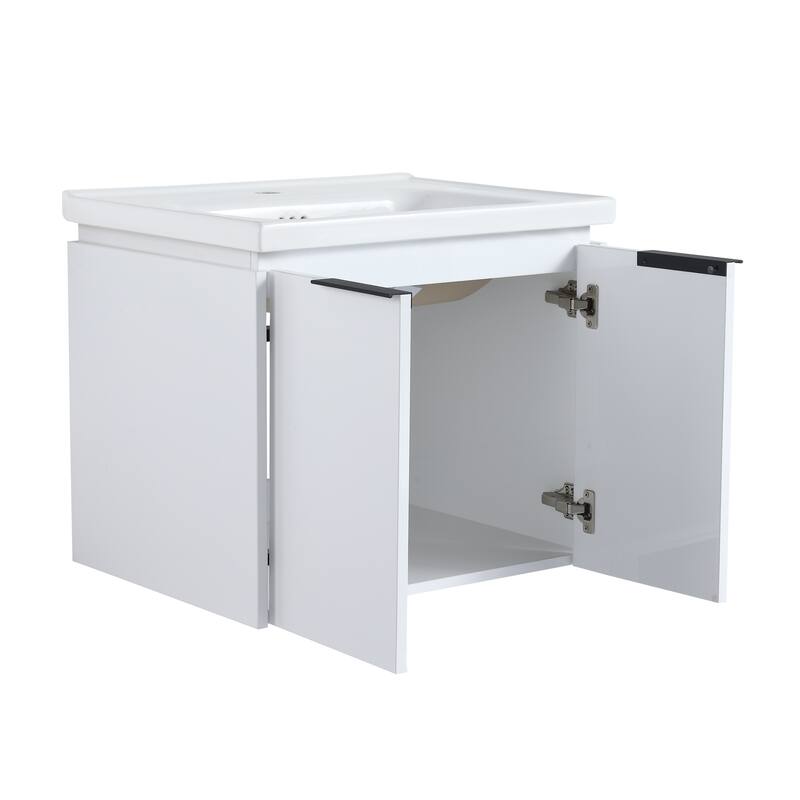 Wall Mounted Bathroom Vanity with Ceramic Basin, Soft Closing Doors, and Metal Handles for Modern Bathroom Storage