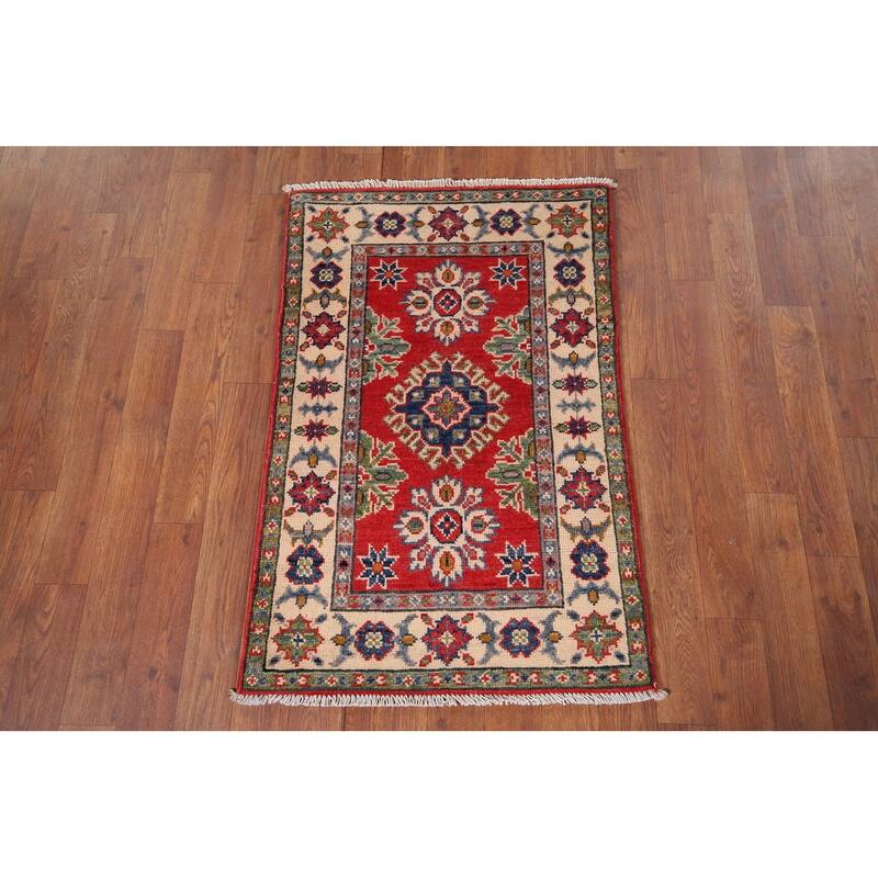 Kazak Oriental Accent Rug Hand-Knotted Geometric Red Wool Carpet - 2'0" x 3'0"