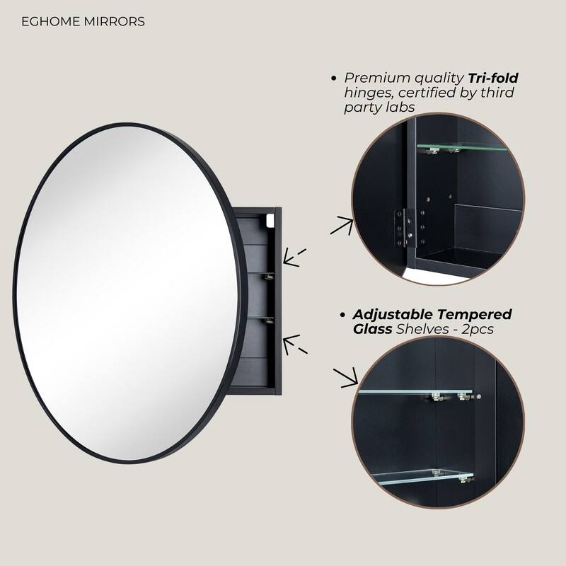 Surface Mount Black Circular Round Bathroom Medicine Cabinet with Mirror and adjustable shelves - 26" x 26"