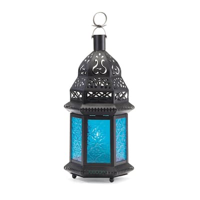 Moroccan Style Candle Lantern - 10.25" - Blue and Black