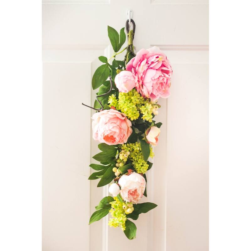 24" Peony and Hydrangea Artificial Spring Teardrop Swag, Unlit