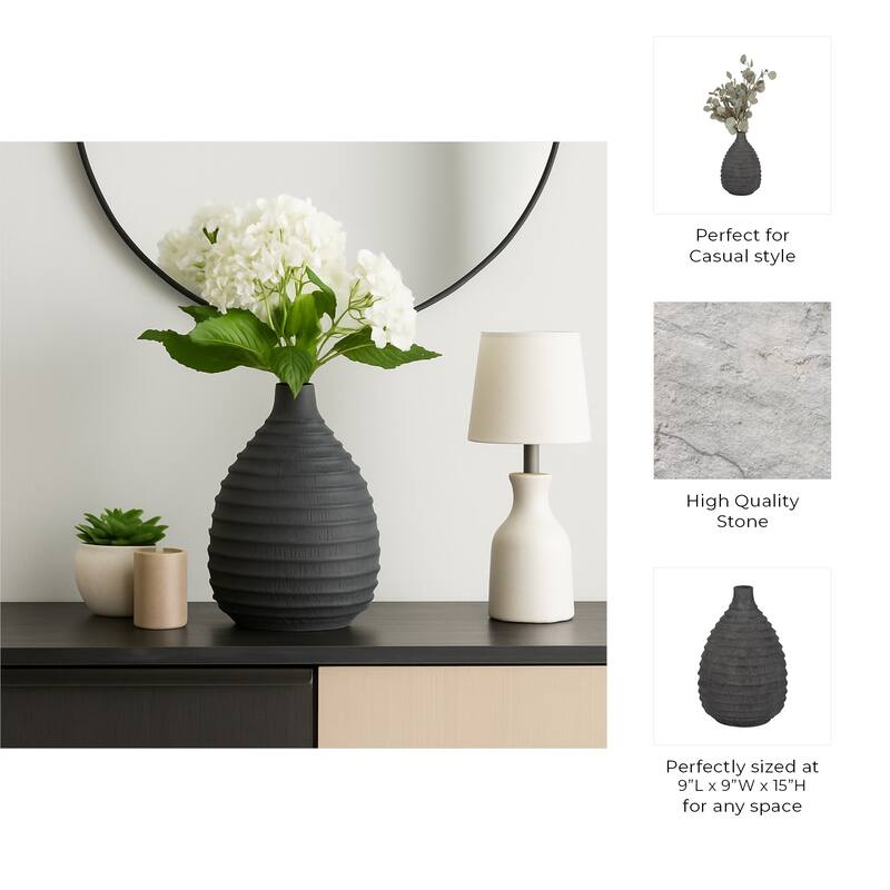 Ceramic Bud Faded Ribbed Bulbous Vase - Black, 15"