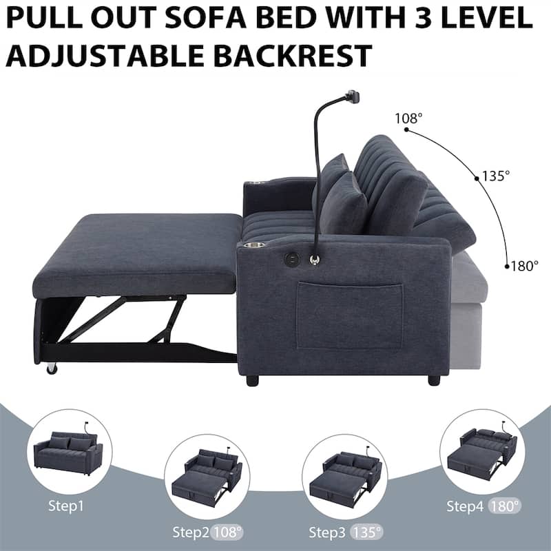 Convertible Sofa Bed with 3 USB Ports, 2 Side Pockets,2 Cup Holders