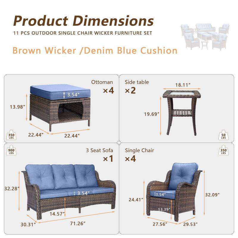 Brown Wicker Outdoor Patio Furniture Sofa Set with Denim Blue Cushions