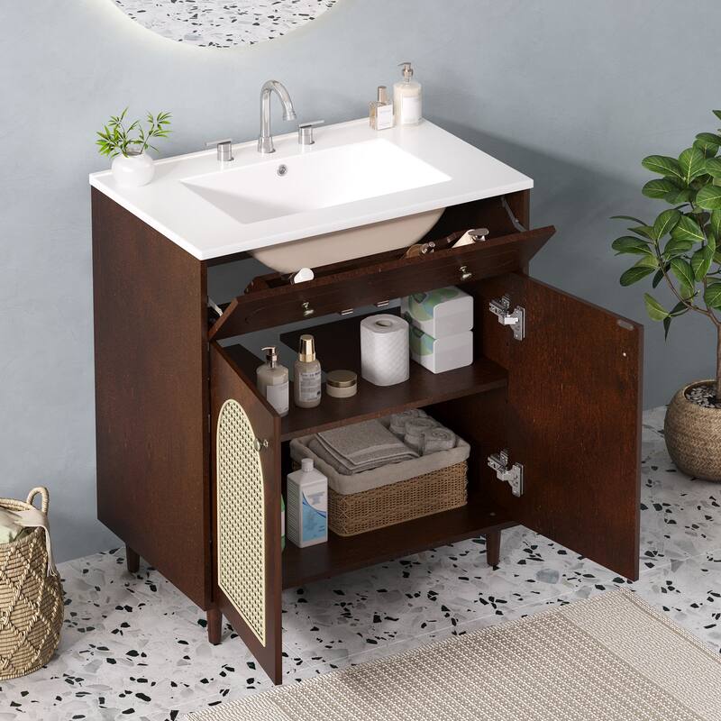 30" Bathroom Vanity with Ceramic Sink - Solid Wood Frame Cabinet with Adjustable Shelf, Tip-Drawer & Rattan Panels