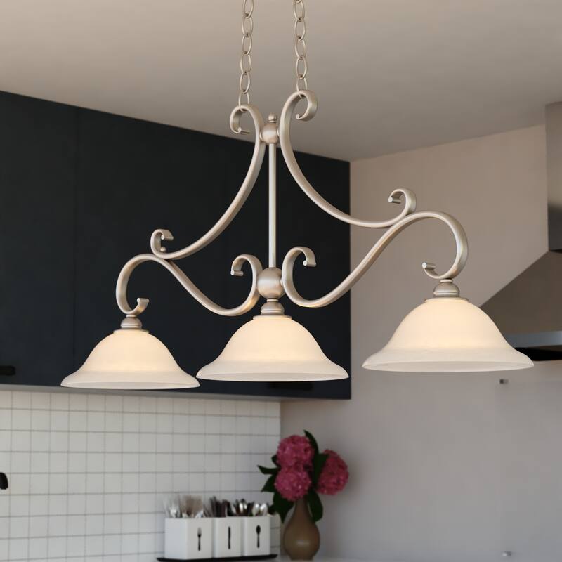 Monrovia 3L Linear Chandelier Island Pendant Light Fixture White Glass - 43.75-in W x 20.25-in H x 11.25-in D - 43.75-in W x 20.25-in H x 11.25-in D - Brushed Nickel