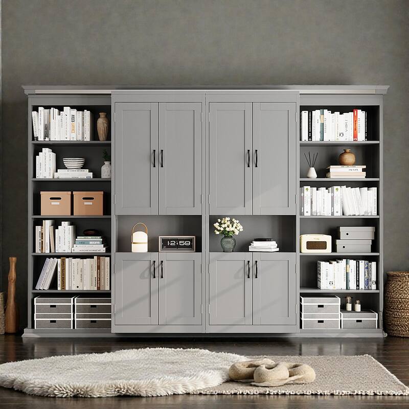 Queen Murphy Bed with Sliding Storage Cabinets, Dual 6-Tier Shelves, Space-Saving Hidden Wall Bed - Grey - Queen