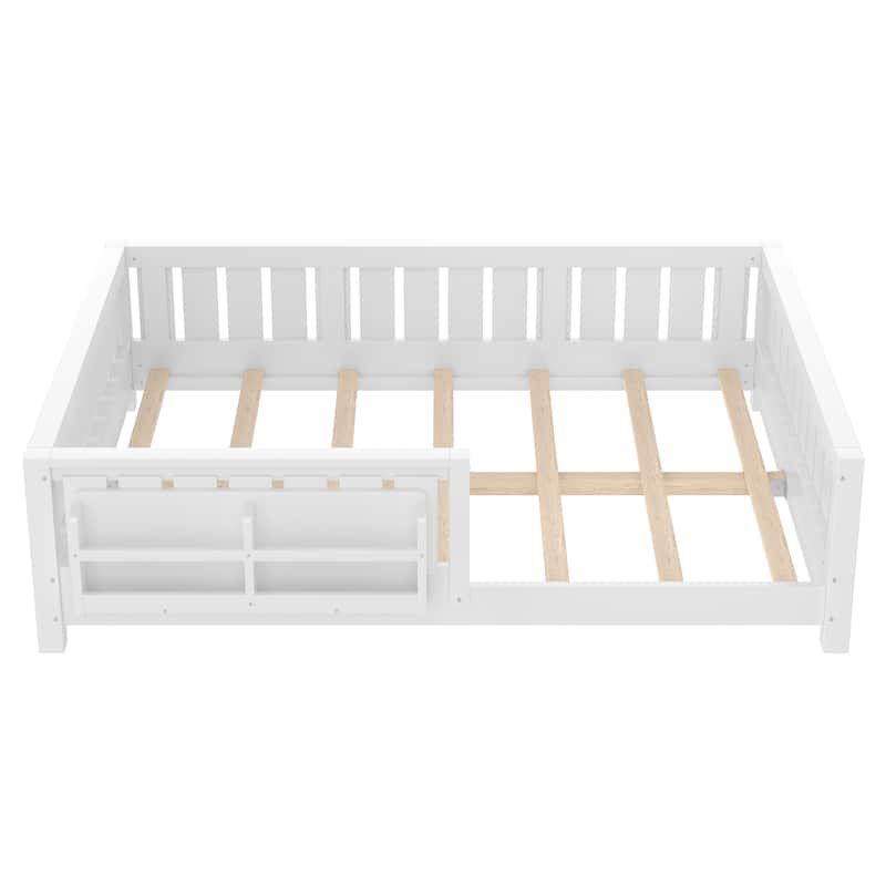 Low Profile Montessori Bed Floor Platform Bed with Fence and Bookshelf