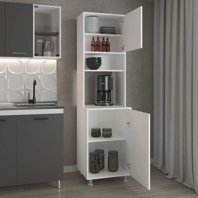 White Kitchen Pantry with Open Storage and 2 Doors