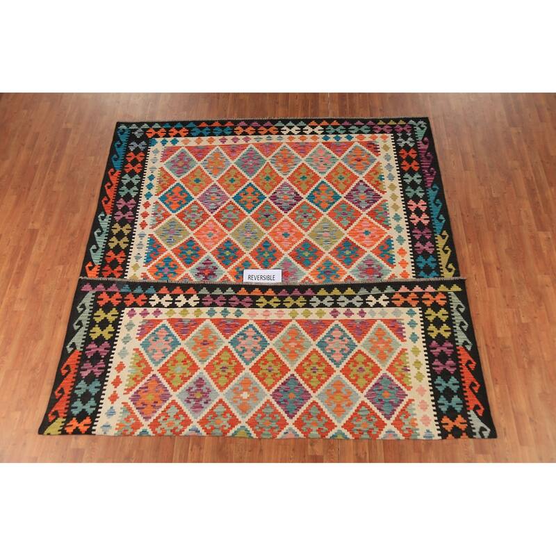 Colorful Trellis Kilim Area Rug Hand-Woven Wool Carpet - 8'3" x 11'8"