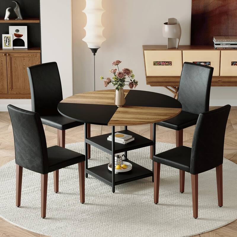 Roomfitters 5/7pcs Spliced Color Round Dining Table Set with Storage Shelf and PU Dining Chairs, Sleek and Comfortable, Black